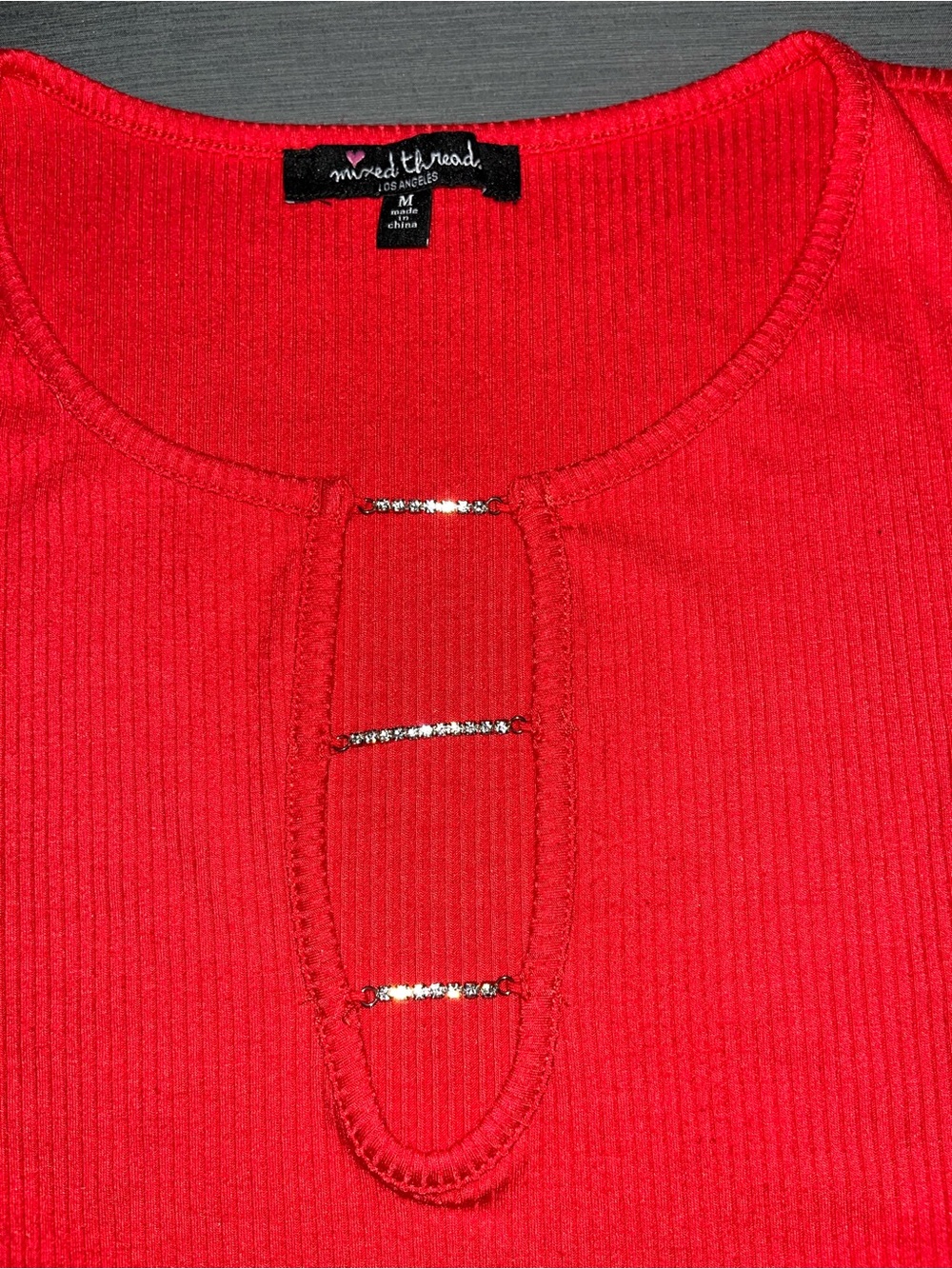 Mixed Thread LA Red Ribbed Crop Top Tank Rhinestone Cutout Size M 💎 - Picture 8 of 8